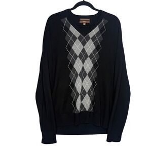 Merona Mens Sweater XL‎ Italian Merino Wool V Neck Argyle Diamond Black Gray